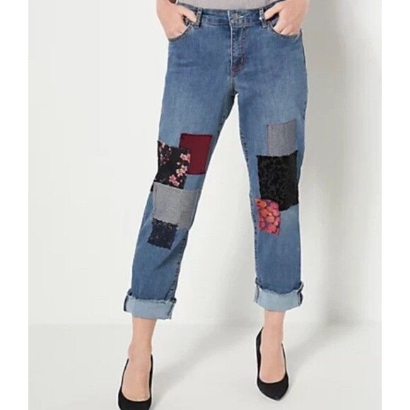 LOGO Limited Edition Lori Goldstein Velvet Patch Boyfriend Denim Jeans Size 20WP - Picture 2 of 13